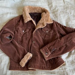 brown, corduroy buttoned jacket.